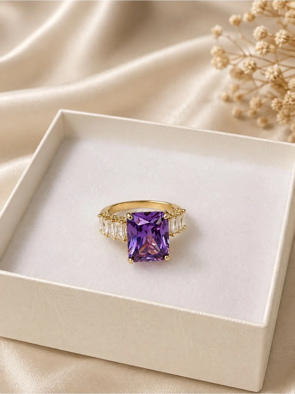 Brazilian Gold Purple Emerald-Cut CZ Statement Ring